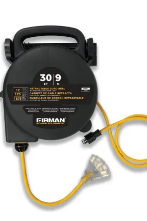 Hot Deal Firman 2035 Retractable Extension Cord Real, 30 ft L Cord, 12 ga Wire, 3-Socket, 125 V, Black