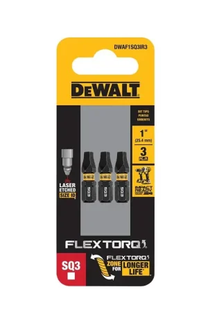 Certified DEWALT FlexTorq DWAF1SQ3IR3 Impact Screwdriver Bit, #3 Drive, Square Drive, 1/4 in Shank, Hex Shank, 1 in L, Steel