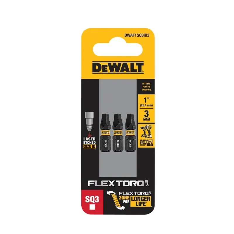 Certified DEWALT FlexTorq DWAF1SQ3IR3 Impact Screwdriver Bit, #3 Drive, Square Drive, 1/4 in Shank, Hex Shank, 1 in L, Steel