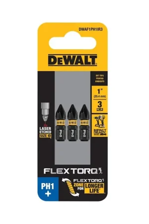 DEWALT FlexTorq DWAF1PH1IR3 Impact Screwdriver Bit, #1 Drive, Phillips Drive, 1/4 in Shank, Hex Shank, 1 in L, Steel Fast Shipping