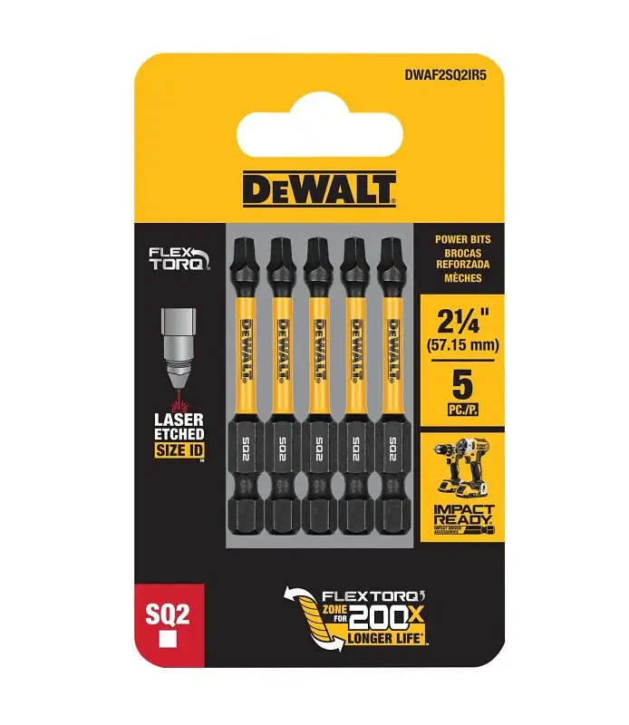 DEWALT FlexTorq, IMPACT READY Series DWA2SQ2IR5 Screwdriver Bit, #2 Drive, Square Drive, 1/4 in Shank, 2-1/4 in L, HSS Holiday Sale