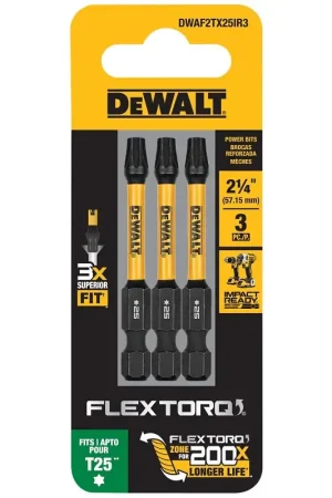 Fresh Stock DEWALT FlexTorq DWAF2TX25IR3 Impact Screwdriver Bit, T25 Drive, Torx Drive, 1/4 in Shank, Hex Shank, 2-1/4 in L, Steel