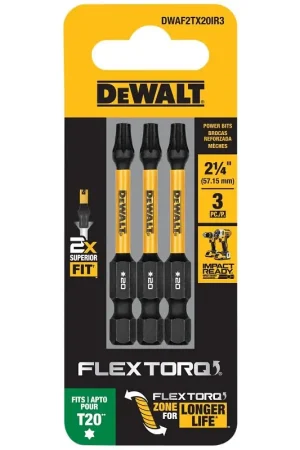 DEWALT FlexTorq DWAF2TX20IR3 Impact Screwdriver Bit, T20 Drive, Torx Drive, 1/4 in Shank, Hex Shank, 2-1/4 in L, Steel Markdown