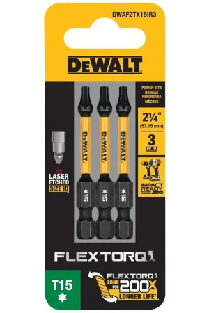 DEWALT FlexTorq DWAF2TX15IR3 Impact Screwdriver Bit, T15 Drive, Torx Drive, 1/4 in Shank, Hex Shank, 2-1/4 in L, Steel Don't Miss Out