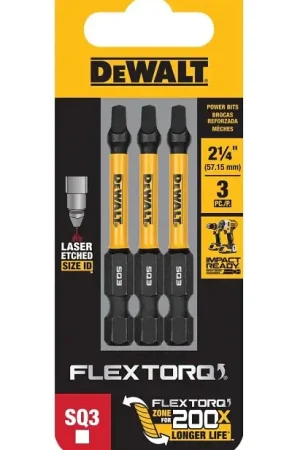 Certified DEWALT FLEXTORQ DWAF2SQ3IR3 Impact Screwdriving Bit, #3 Drive, Square Drive, 1/4 in Shank, Hex Shank, 2-1/4 in L