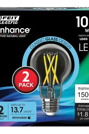 Feit Electric A100CL950CA/FIL/2 LED Bulb, A19 Lamp, 100 W Equivalent, E26 Medium Lamp Base, Dimmable, Clear, Daylight One Day Deal