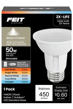 Instant Buy Feit Electric PAR20/ADJ/6WYCA LED Light Bulb, PAR20 Lamp, 50 W Equivalent, E26 Lamp Base, Dimmable, Adjustable White