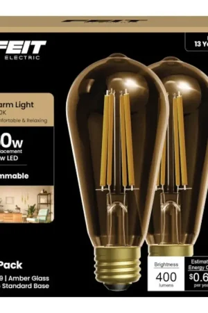 Best Price Feit Electric ST19/VG/LED/2 Filament LED Bulb, ST19 Lamp, 60 W Equivalent, E26 Medium Lamp Base, Dimmable, Amber