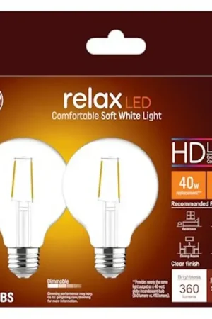 GE 31536 Relax LED Bulb, Globe, G25 Lamp, 40 W Equivalent, E26 Lamp Base, Dimmable, Clear, Soft White Light While Supplies Last