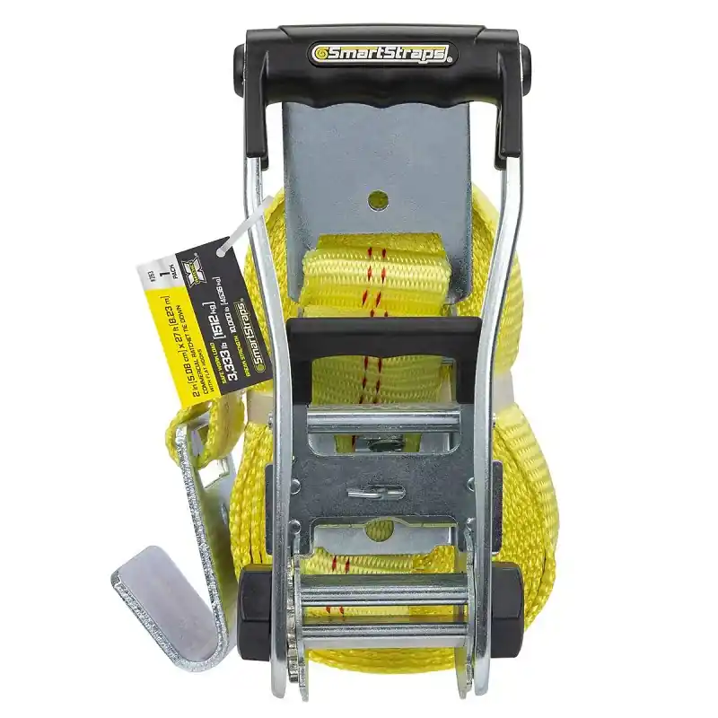 SmartStrap 263 Stamped Rail Tie-Down, 2 in W, 27 ft L, Polyester/Steel, Yellow, 3333 lb, Flat Hook End Fitting Final Sale