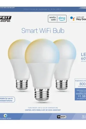 Affordable Feit Electric OM60/CCT/CA/AG/3 Smart Wi-Fi Light Bulb, 8.8 W, Wi-Fi Connectivity: Yes, App Control, Tunable White