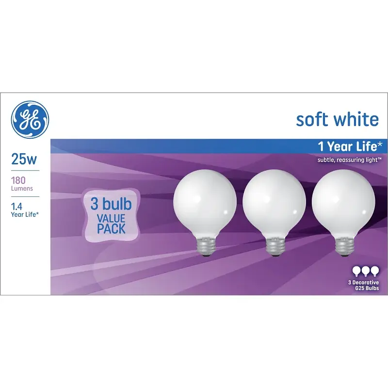 GE 48064 Light Bulb, 9.75 in L x 3.13 in W x 4.75 in H Dimensions, 25 W, G25 Lamp, E26 Medium Lamp Base, 180 Lumens, Pack of 4 Certified