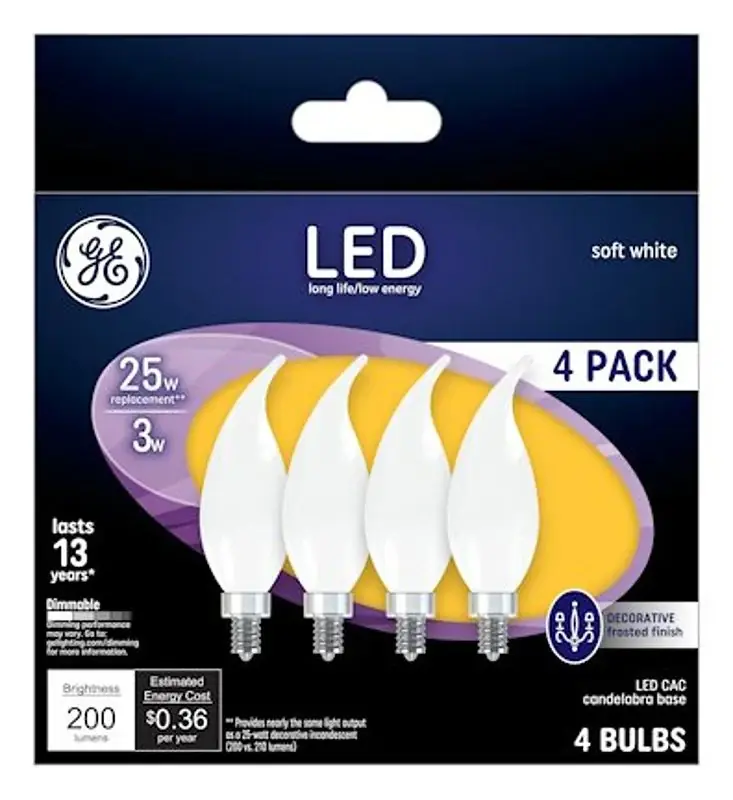 Budget GE Industrial Solutions 37319 LED Bulb, Decorative, 200 Lumens, 3 W, CAC Lamp, E12 Lamp Base, Dimmable, Frosted