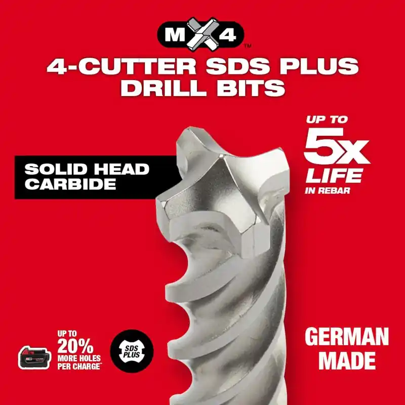 Milwaukee MX4 Series 48-20-7354 4-Cutter Rotary Hammer Drill Bit, 3/8 in Dia, 12 in OAL, 4 -Flute, 13/32 in Dia Shank Factory Price