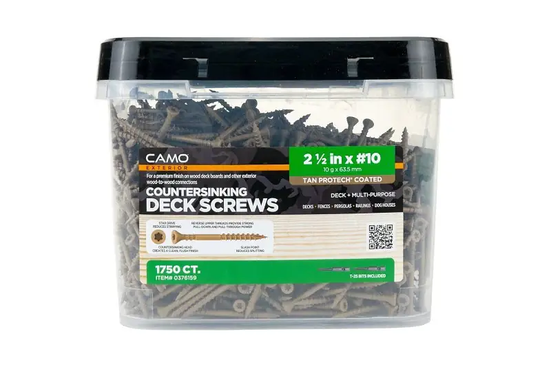 Trusted Brand Camo 0376159 Deck Screw, #10 Thread, 2-1/2 in L, Coarse Thread, Flat Head, Star Drive, Type 17 Slash Point, Carbon Steel