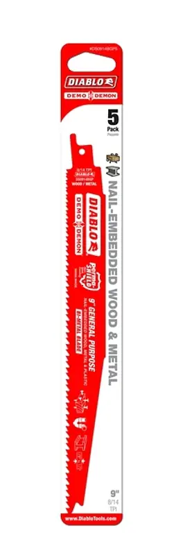 Buy Direct Diablo DS0914BGP5C Reciprocating Saw Blade, 1 in W, 9 in L, 8/14 TPI, Bi-Metal Cutting Edge