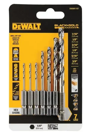 Authentic DEWALT DWAH1107 Drill Bit Set, Impact Ready, 7-Pieces, High Speed Steel, Black/Gold