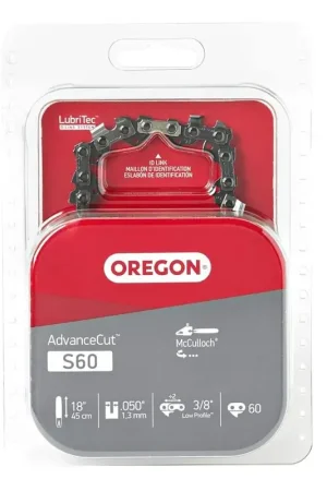 Crafted Oregon S60 Chainsaw Chain, 18 in L Bar, 0.05 Gauge, 3/8 in TPI/Pitch, 60-Link