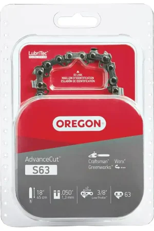 Limited Time Oregon AdvanceCut S63 Chainsaw Chain, 18 in L Bar, 0.05 Gauge, 3/8 in TPI/Pitch, 63-Link