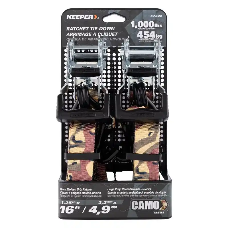Exclusive Offer Keeper 47322 Ratchet Tie-Down with Open Handle, 1-1/4 in W, 16 ft L, Camo, 1000 lb Working Load, J-Hook End