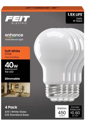 Brand New Feit Enhance A19 E26 (Medium) Filament LED Bulb Soft White 40 Watt Equivalence 4 pk