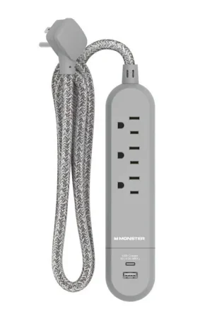 In Demand Monster 4 ft. L 3 outlets Power Strip with USB Ports Gray