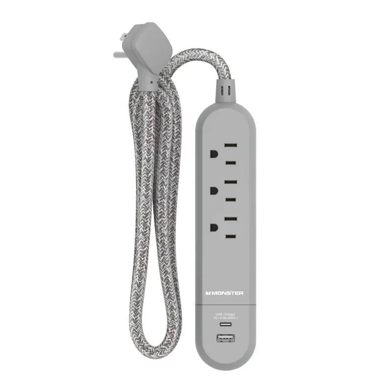 In Demand Monster 4 ft. L 3 outlets Power Strip with USB Ports Gray