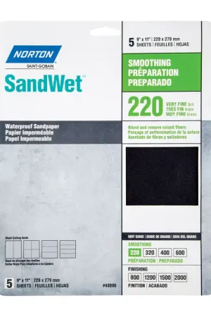Crafted Norton SandWet 11 in. L X 9 in. W 220 Grit Aluminum Oxide Waterproof Sandpaper 5 pk