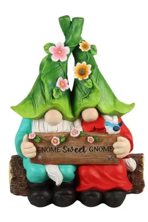 Clearance Exhart Multicolored Resin 13 in. H Gnome Couple w/Sign Solar Statue