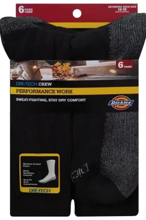 Fast Shipping Dickies Dri-Tech Men's 12-15 Crew Socks Black, Pack of 2