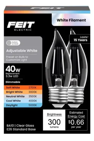 Brand New Feit BA10 E26 (Medium) LED Bulb Adjustable White 40 Watt Equivalence 2 pk