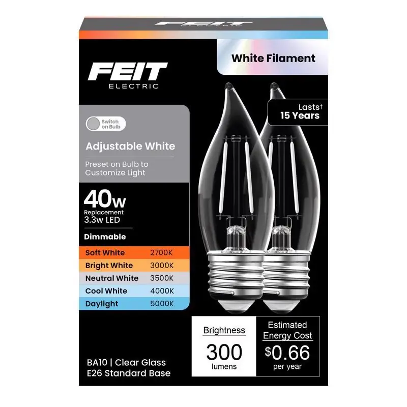 Brand New Feit BA10 E26 (Medium) LED Bulb Adjustable White 40 Watt Equivalence 2 pk