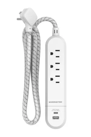 Monster 4 ft. L 3 outlets Power Strip with USB Ports White Professional Grade