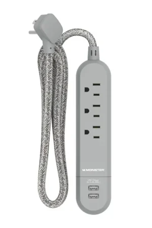 High Quality Monster 4 ft. L 3 outlets Power Strip with USB Ports Gray