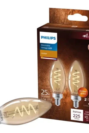 Shop Now Philips B11 E12 (Candelabra) LED Bulb Amber 25 Watt Equivalence 2 pk