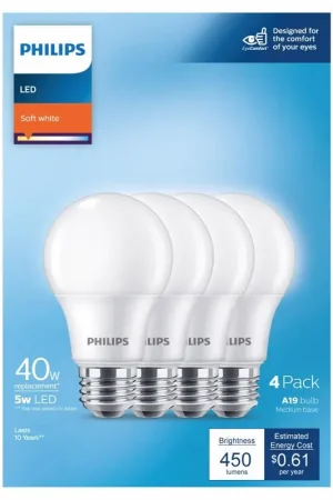 Next Day Delivery Philips A19 E26 (Medium) LED Bulb Soft White 40 Watt Equivalence 4 pk