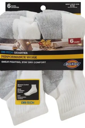 Hot Picks Dickies Dri-Tech Men's 6-12 Quarter Sock White, Pack of 2